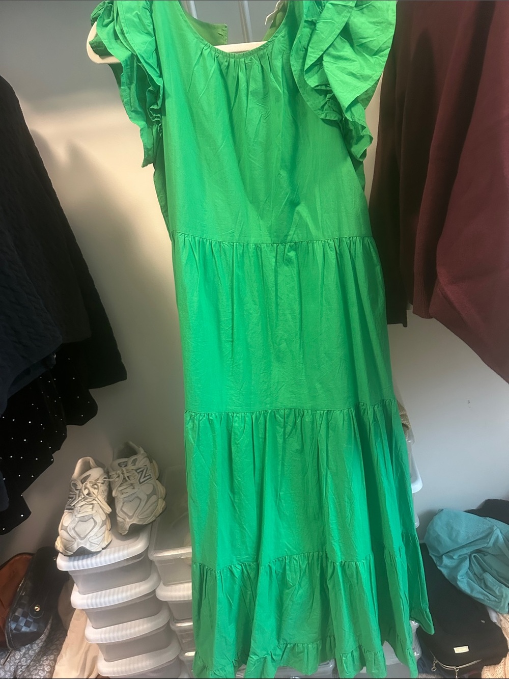 Bright Green Tiered Maxi Dress with Ruffle Sleeves